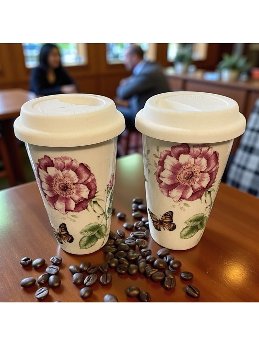Butterfly Meadow by Lenox Two Thermal Mugs Ceramic, Lids, Double Wall.
